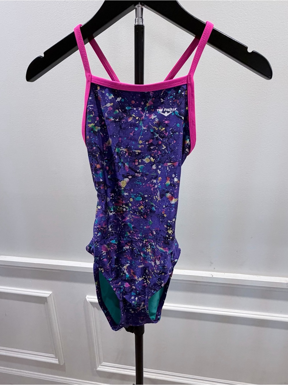 The Finals Girls' Purple Splash One-Piece Swimsuit with Pink Trim size 26